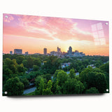 Acrylic print of abstract Raleigh, North Carolina skyline in muted gray and blue tones, ideal for dining room decor.