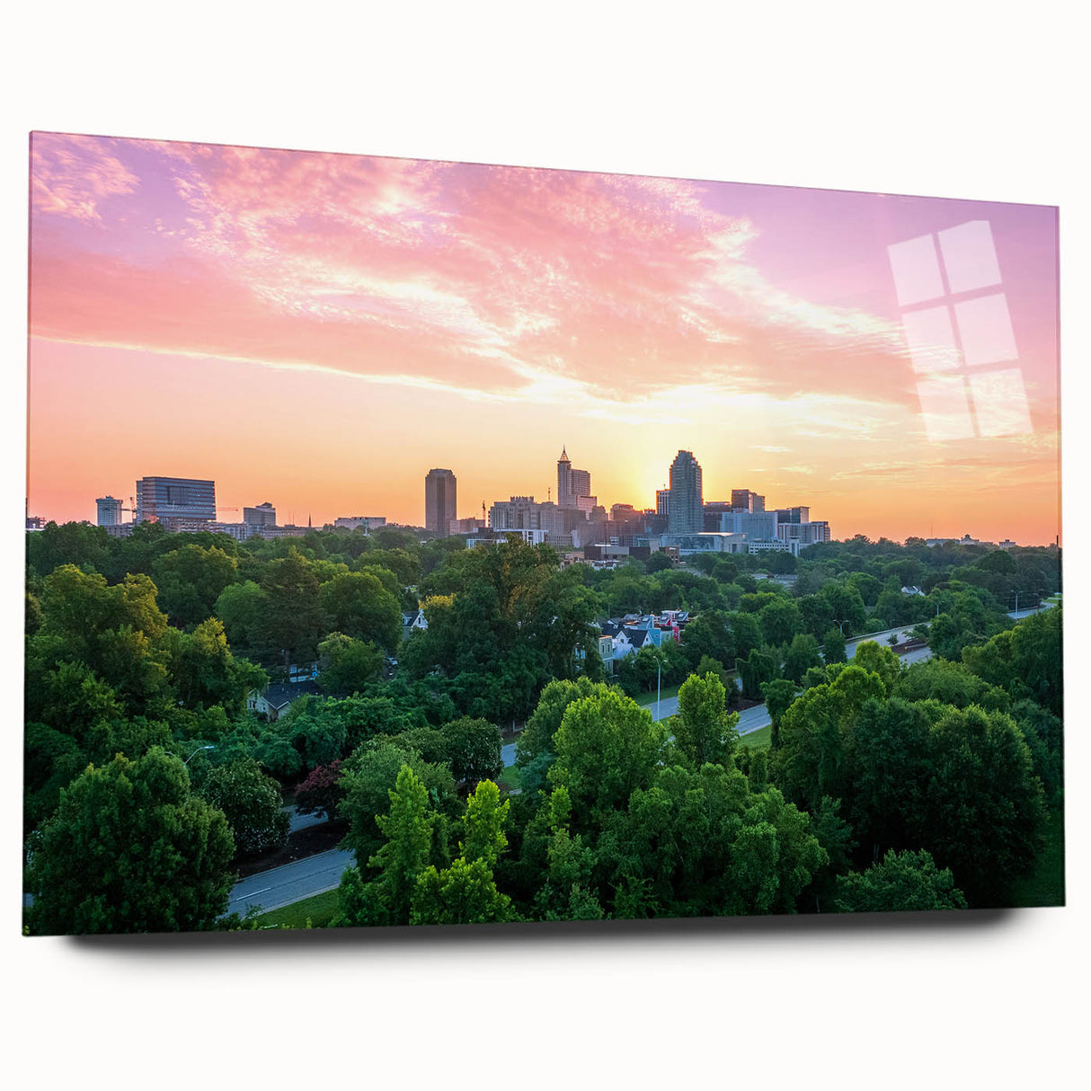 Acrylic print of a large abstract depiction of Raleigh, North Carolina in muted earth tones.