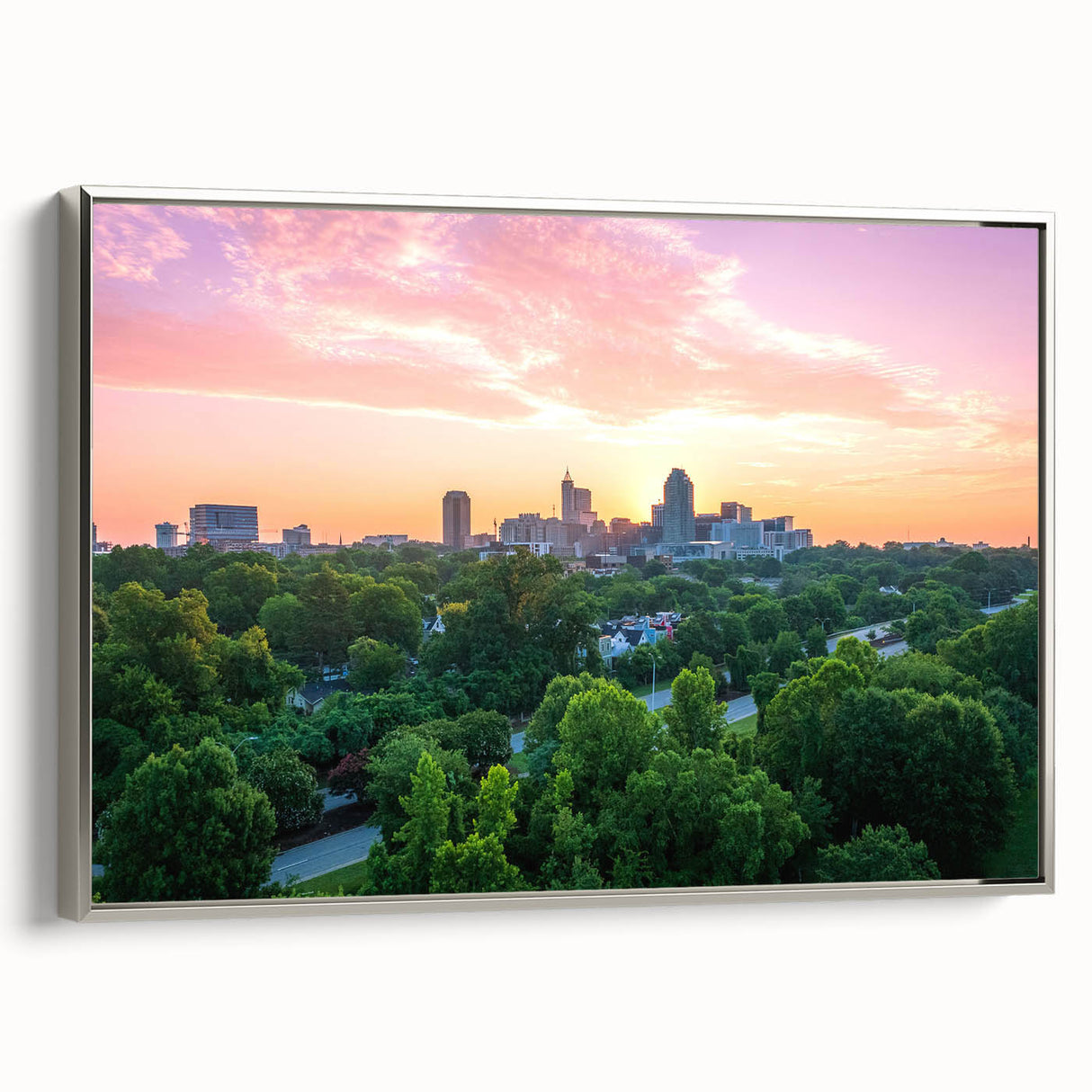 Framed canvas displaying a vintage-style landscape art painting of Raleigh, North Carolina in muted earth tones.