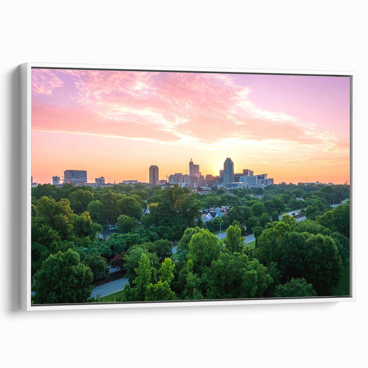 Vintage poster art of Raleigh, North Carolina on a framed canvas, featuring colorful art in extra large size.