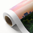Art Deco poster of Raleigh, North Carolina skyline in pastel shades on rolled canvas, ideal for nursery wall art.