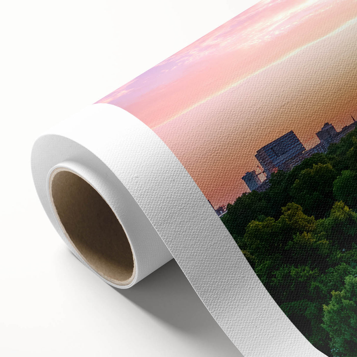 Art Deco poster of Raleigh, North Carolina skyline in pastel shades on rolled canvas, ideal for nursery wall art.