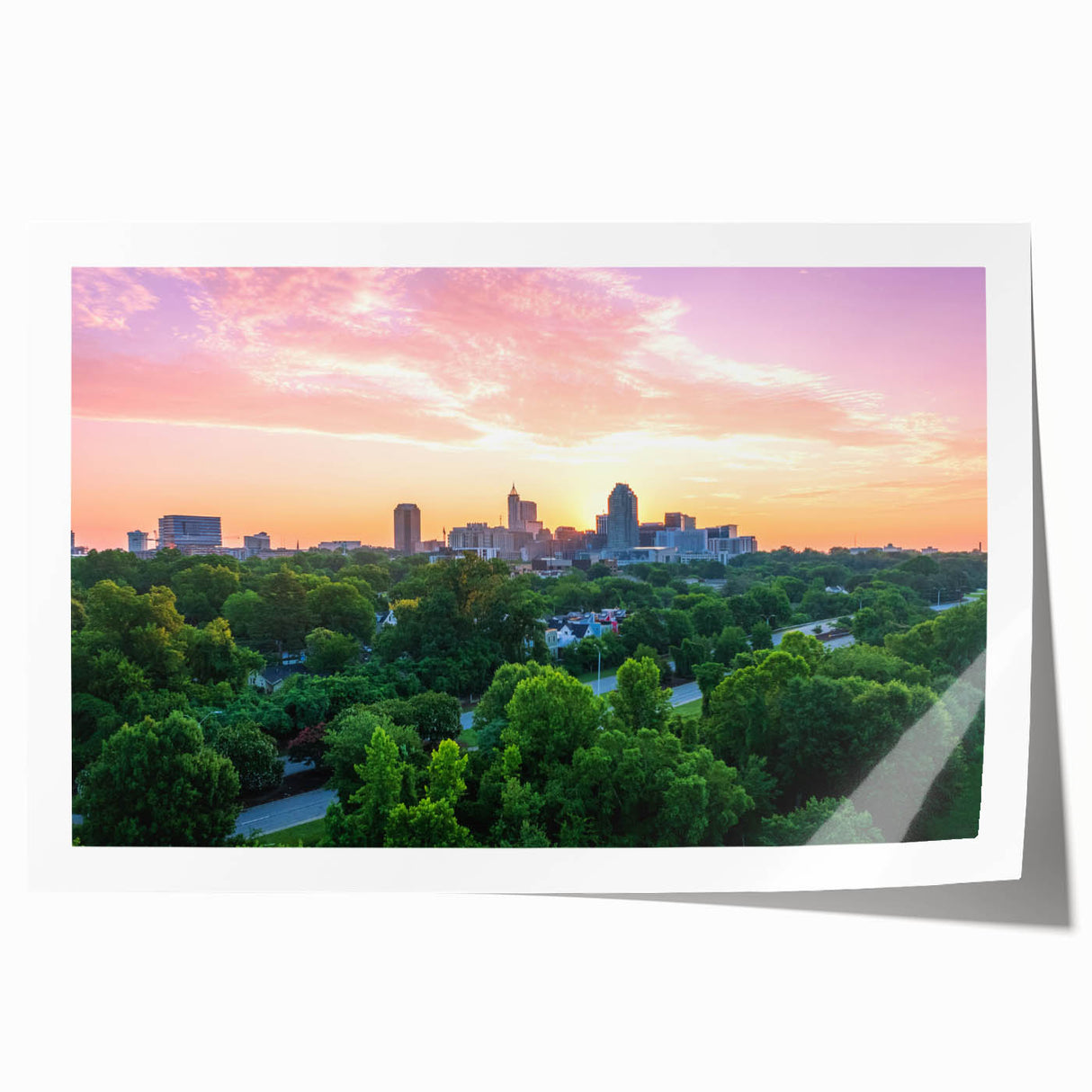 Extra large rolled print of Raleigh, North Carolina skyline in muted earth tones, ideal for art wall dining room.