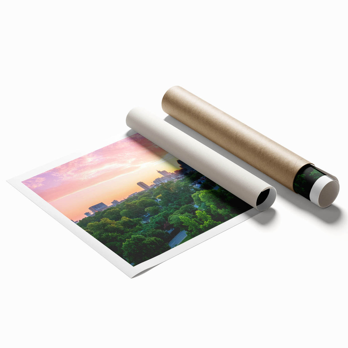 Extra large rolled print of Raleigh, North Carolina scenery with vivid floral elements, ideal for classy bathroom wall art.