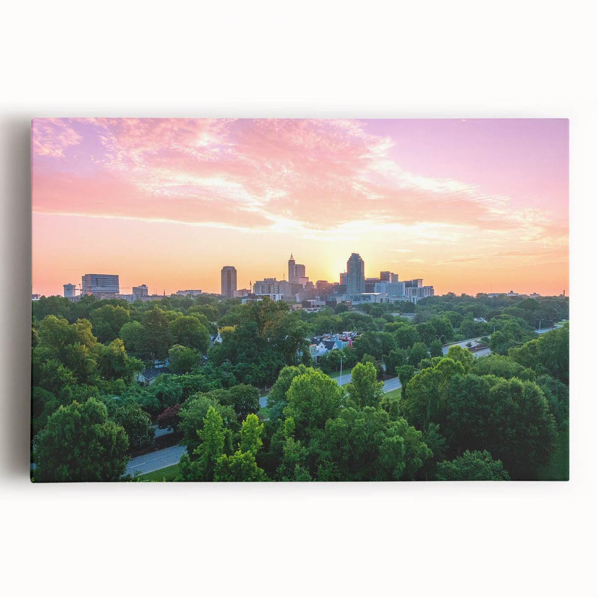 Black and white stretched canvas of Raleigh, North Carolina skyline, suitable for kitchen wall art.