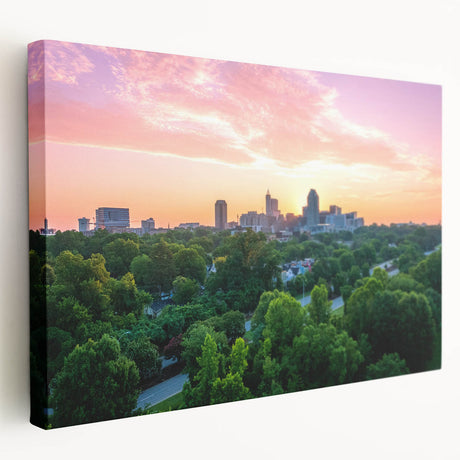 Large stretched canvas featuring a detailed Raleigh, North Carolina skyline in muted earth tones, ideal for kitchen wall art.