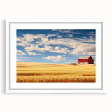 Abstract art print of North Dakota scenery in muted earth tones on a white framed mat, suitable for dining room decor.