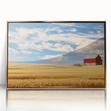 Mid-century modernist art depicting North Dakota scenery in muted earth tones on a framed acrylic.