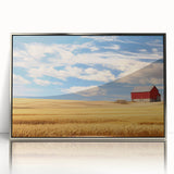 Mid-century modernist art depicting North Dakota scenery in muted earth tones on a framed acrylic print.