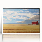 Art deco poster featuring a serene North Dakota landscape in muted earth tones, framed acrylic.