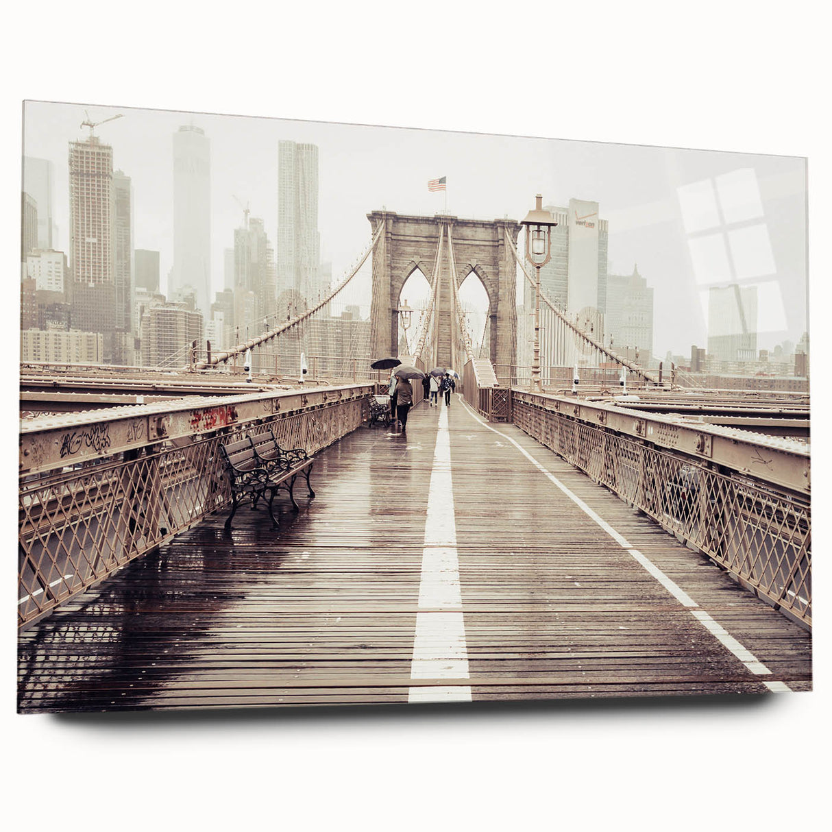 Acrylic print of Brooklyn Bridge in grayscale, ideal for bedroom or dining room decor.