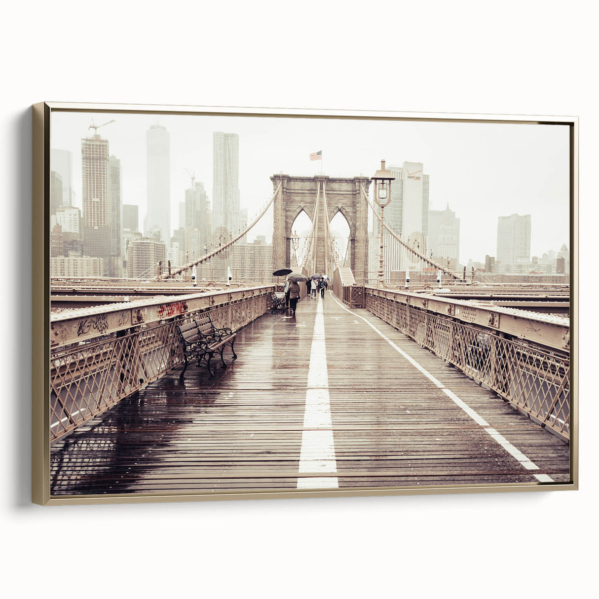 Framed canvas of the Brooklyn Bridge in grayscale tones, suited as wall art for bedroom or living space.