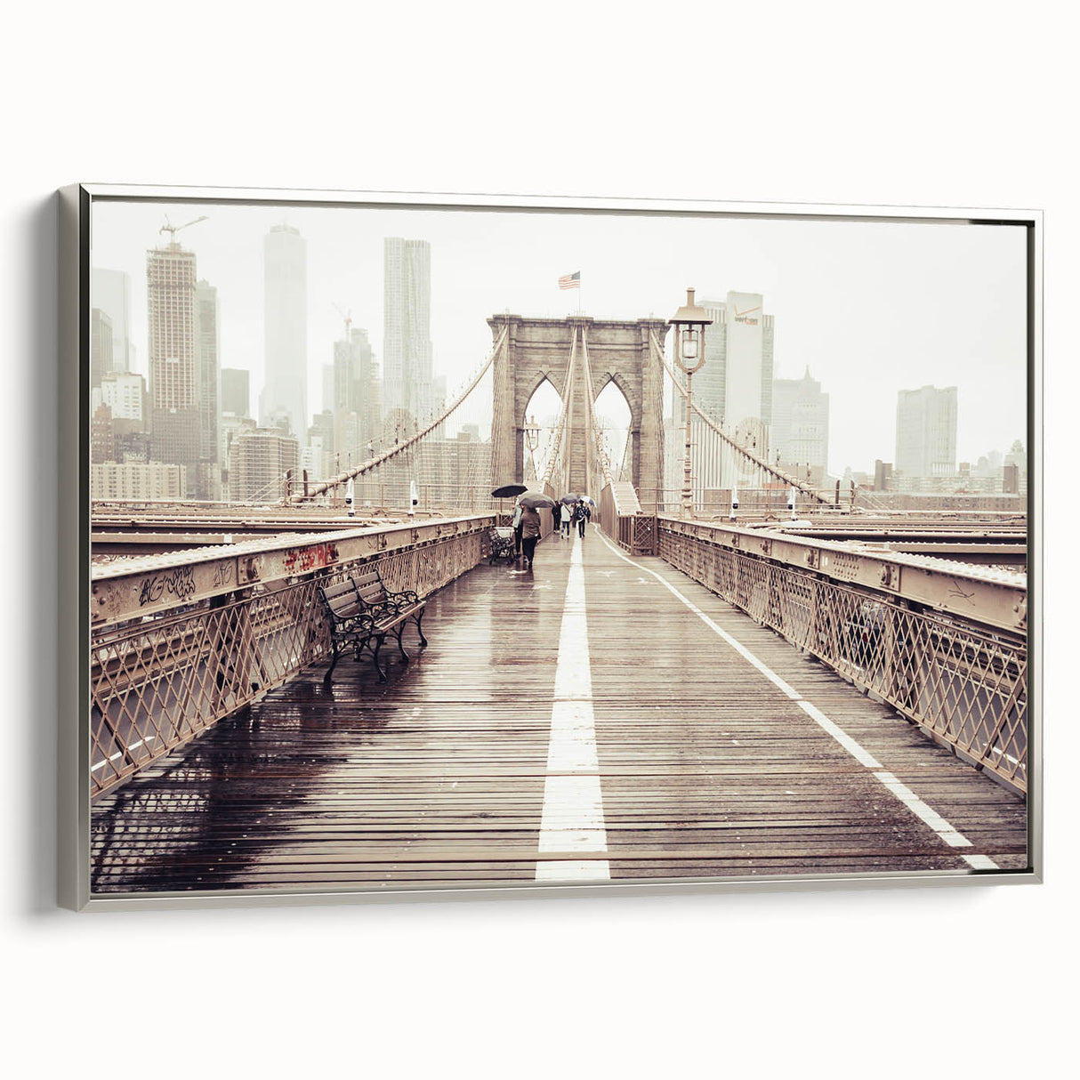 Landscape art painting of the Brooklyn Bridge in black and colorful hues on a framed canvas, ideal for office decor.