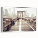 Vintage poster art of Brooklyn Bridge in black and white with colorful accents on framed canvas, ideal for living room decor.
