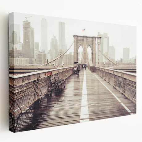 Side view of Brooklyn Bridge on stretched canvas, featuring muted gray and blue tones, ideal for kitchen wall art.