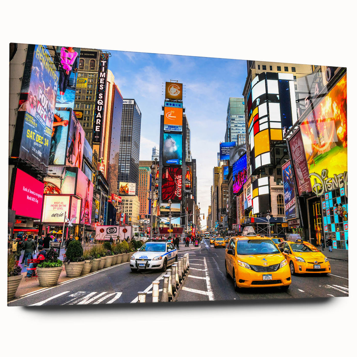 Acrylic print of large abstract Manhattan skyline in muted grayscale tones, suitable for bedroom or dining room art.