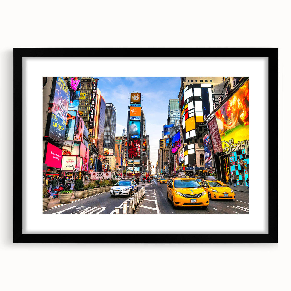 Abstract art print of Manhattan skyline in vibrant colors on a large framed canvas, ideal for living room decor.