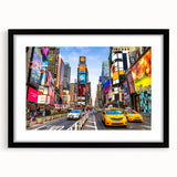 Abstract art print of Manhattan skyline in vibrant colors on a large framed canvas, ideal for living room decor.