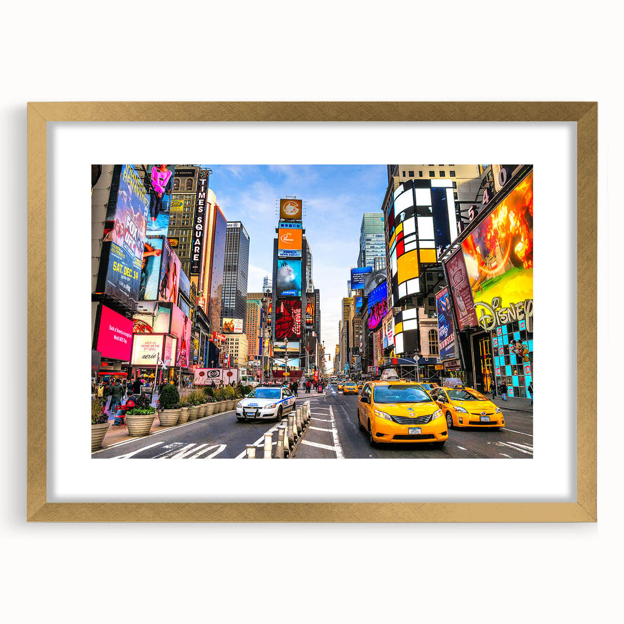Extra large abstract art print of Manhattan skyline in muted gray and gold tones on a framed canvas.
