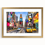 Extra large abstract art print of Manhattan skyline in muted gray and gold tones on a framed canvas.
