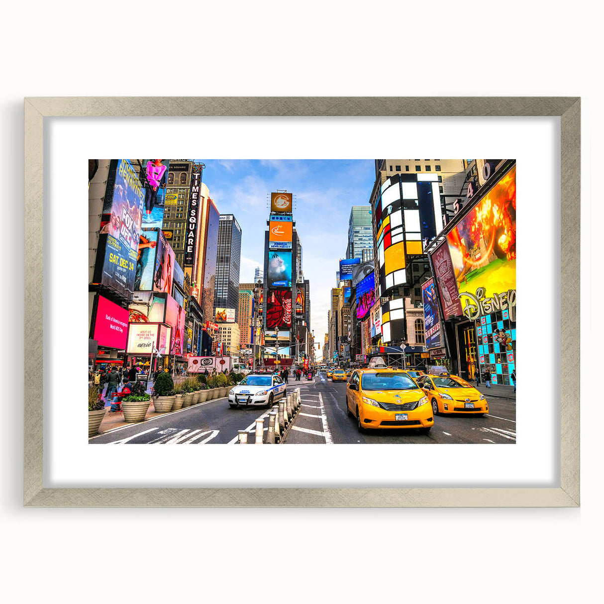 Textured art print of abstract Manhattan skyline in muted gray and silver tones, framed with mat, ideal for bedroom art.
