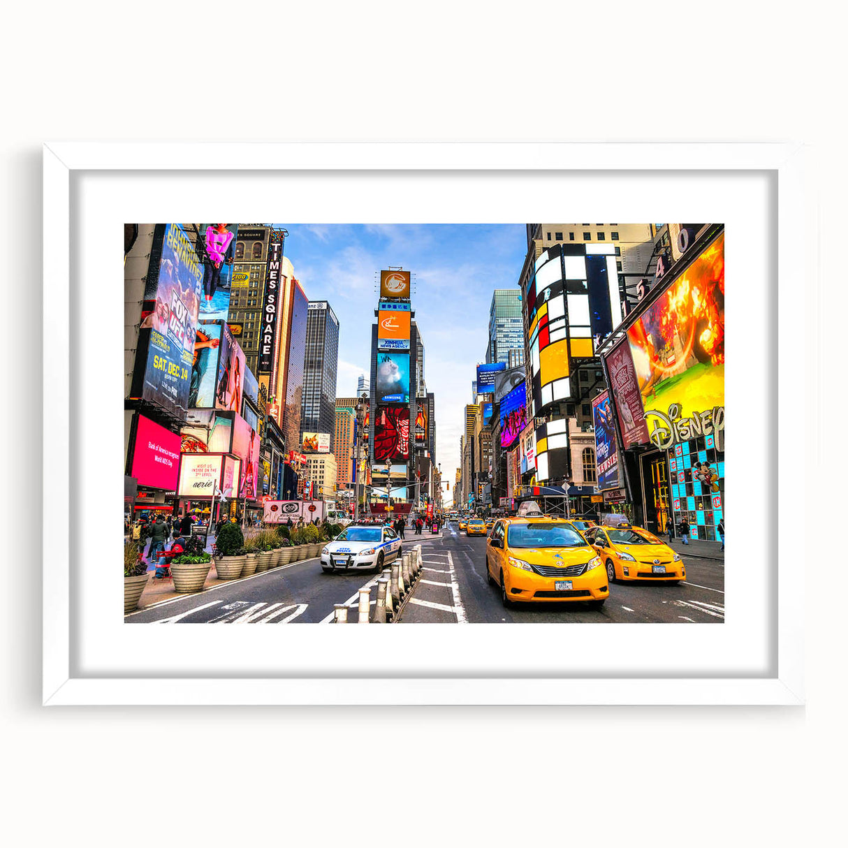 Abstract art print of Manhattan skyline in muted gray and blue tones on a white framed canvas.
