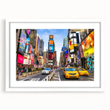 Abstract art print of Manhattan skyline in muted gray and blue tones on a white framed canvas.