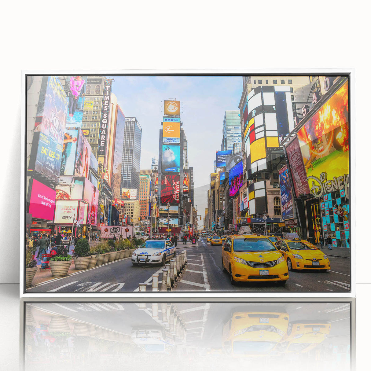 Art Deco style poster of Manhattan skyline in muted gray and blue tones on framed acrylic, ideal for modern art wall decor.