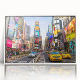 Art Deco style poster of Manhattan skyline in muted gray and blue tones on framed acrylic, ideal for modern art wall decor.