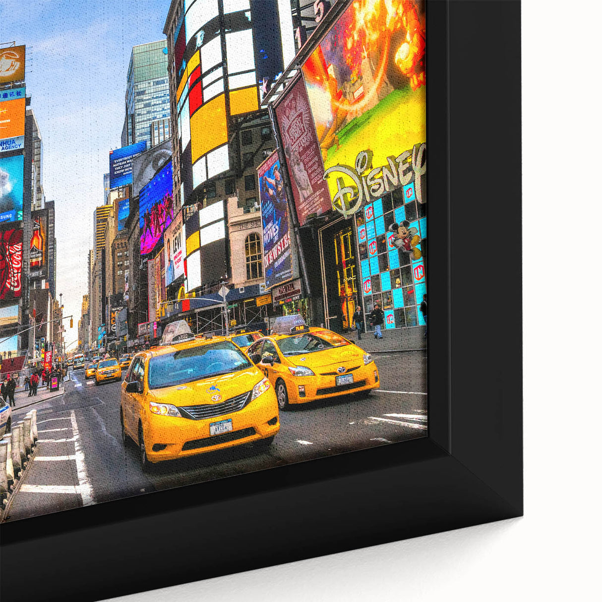 Extra large framed canvas of textured Manhattan skyline in black with colorful accents, ideal for living room decor.