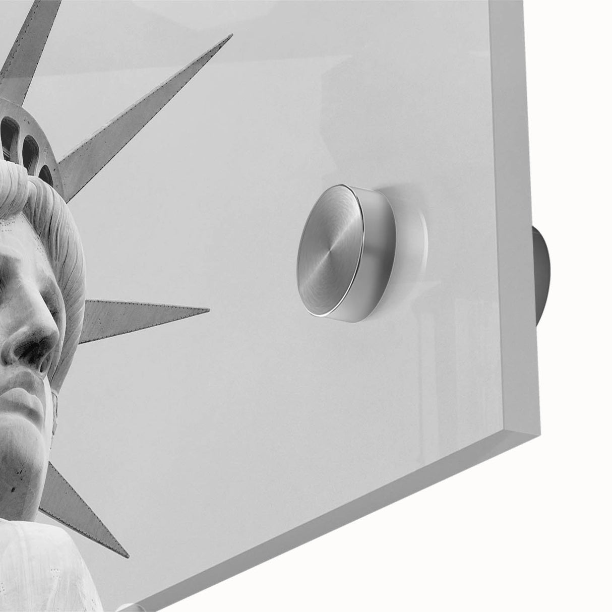 Acrylic print of the Statue of Liberty in monochrome shades, ideal for dining room art in a mid-century modernist style.