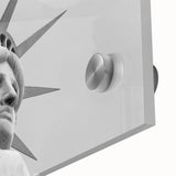 Acrylic print of the Statue of Liberty in monochrome shades, ideal for dining room art in a mid-century modernist style.
