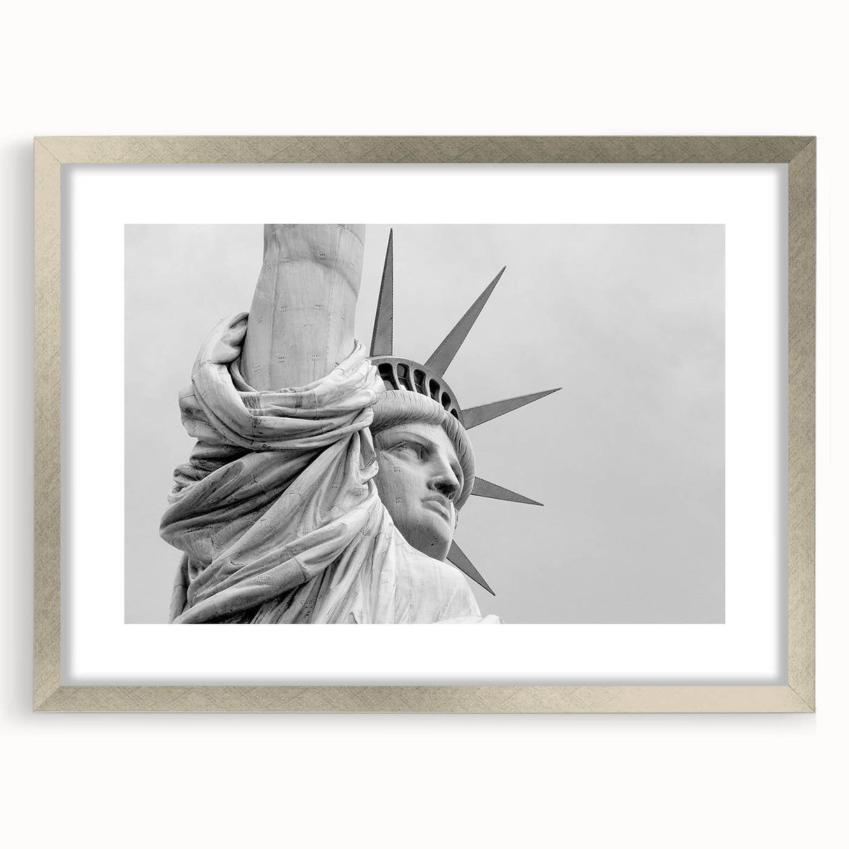 Textured art print of the Statue of Liberty in abstract style, with muted green and blue tones, framed in silver.