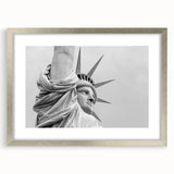 Textured art print of the Statue of Liberty in abstract style, with muted green and blue tones, framed in silver.