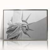 Mid-century modernist art of the Statue of Liberty in monochrome tones on a silver-framed acrylic.
