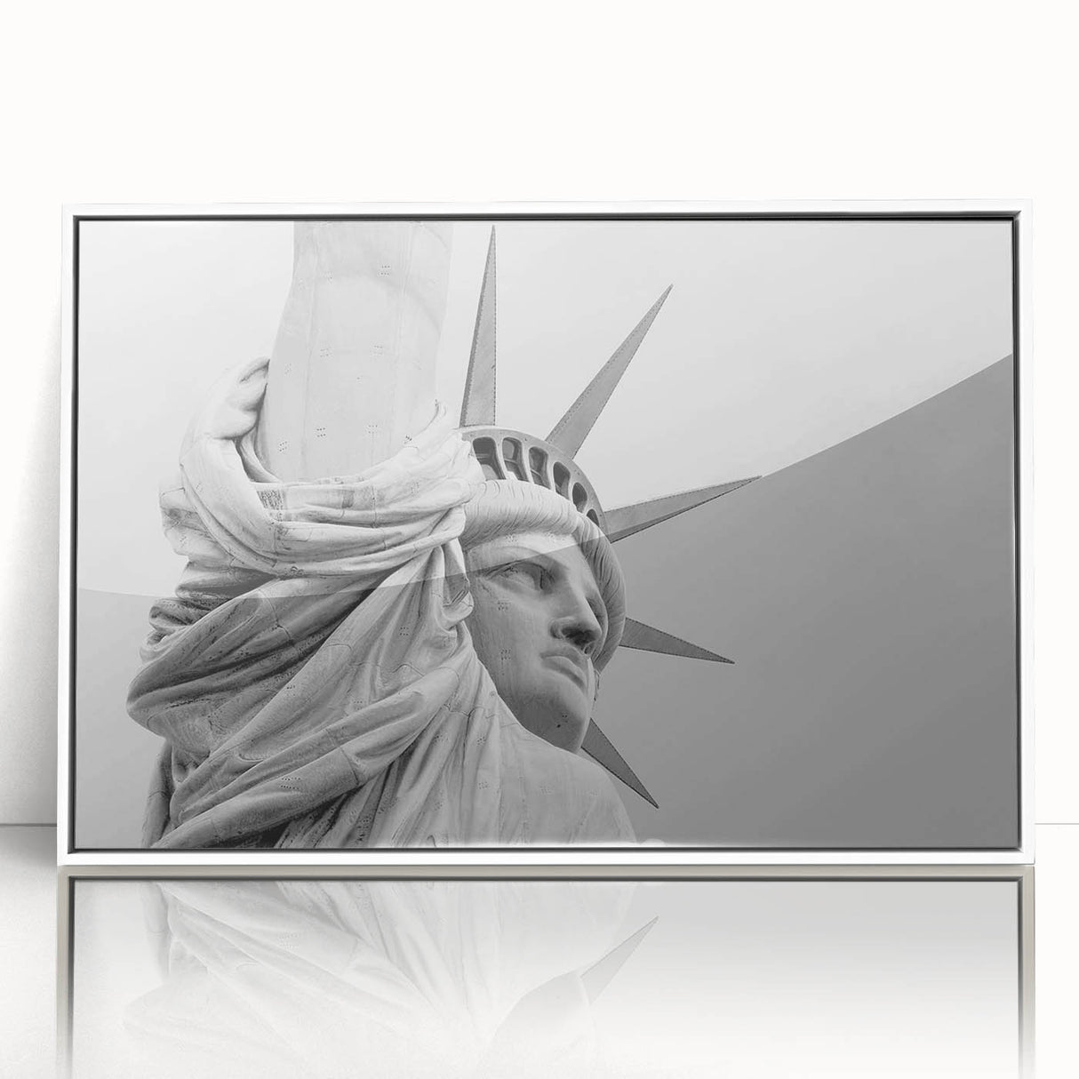 Art deco poster of the Statue of Liberty in monochrome tones on a white framed acrylic, suitable for modern art wall decor.
