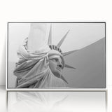 Art deco poster of the Statue of Liberty in monochrome tones on a white framed acrylic, suitable for modern art wall decor.