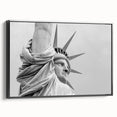 Black and white framed canvas of the Statue of Liberty in a vintage poster style, ideal for bedroom wall decor.