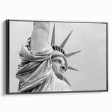 Black and white framed canvas of the Statue of Liberty in a vintage poster style, ideal for bedroom wall decor.