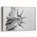 Framed canvas of the Statue of Liberty in grayscale, ideal for a modern living room decor.