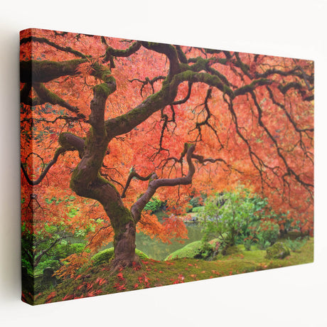Side view of a stretched canvas featuring a Portland, Oregon cityscape in muted green and blue tones.