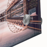 Large abstract depiction of Pittsburgh skyline in muted gray and blue tones on acrylic glass, suited for dining room art.