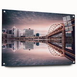 Acrylic print of a large abstract depiction of Pittsburgh, featuring vibrant blue and orange tones.