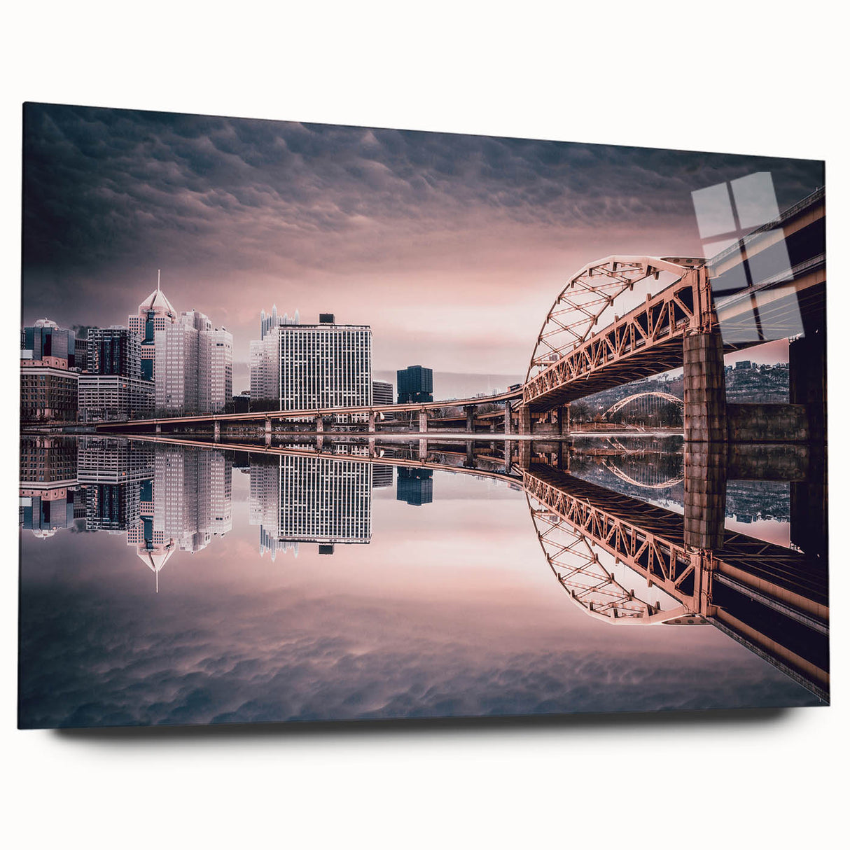 Acrylic print of a large abstract depiction of Pittsburgh, featuring a blend of blue and gray tones.