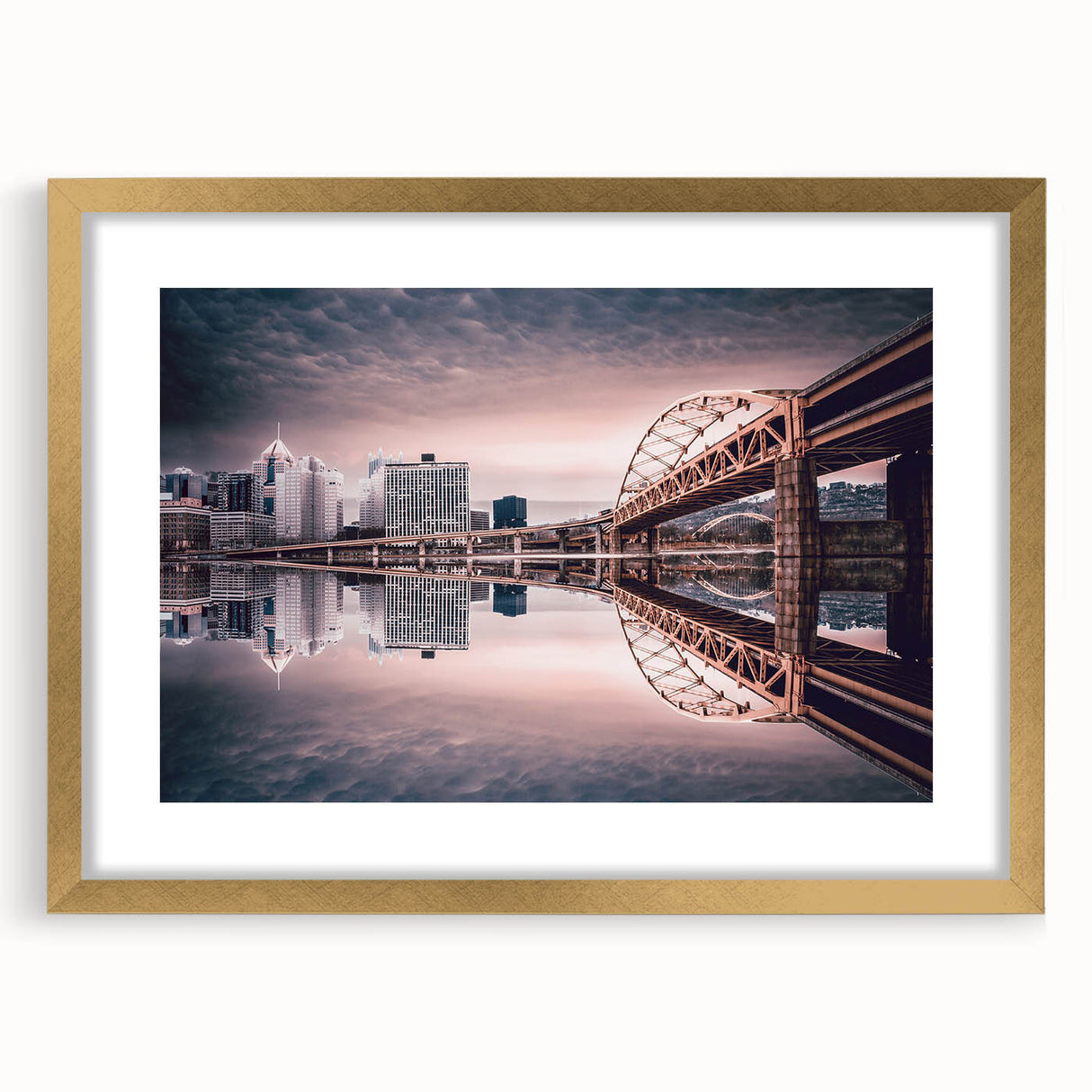 Extra large abstract art print of Pittsburgh skyline in textured gold frame, ideal for living room decor.