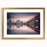 Extra large abstract art print of Pittsburgh skyline in textured gold frame, ideal for living room decor.