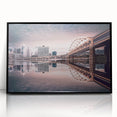Large abstract wall art of Pittsburgh skyline in muted gray and blue tones on framed acrylic.
