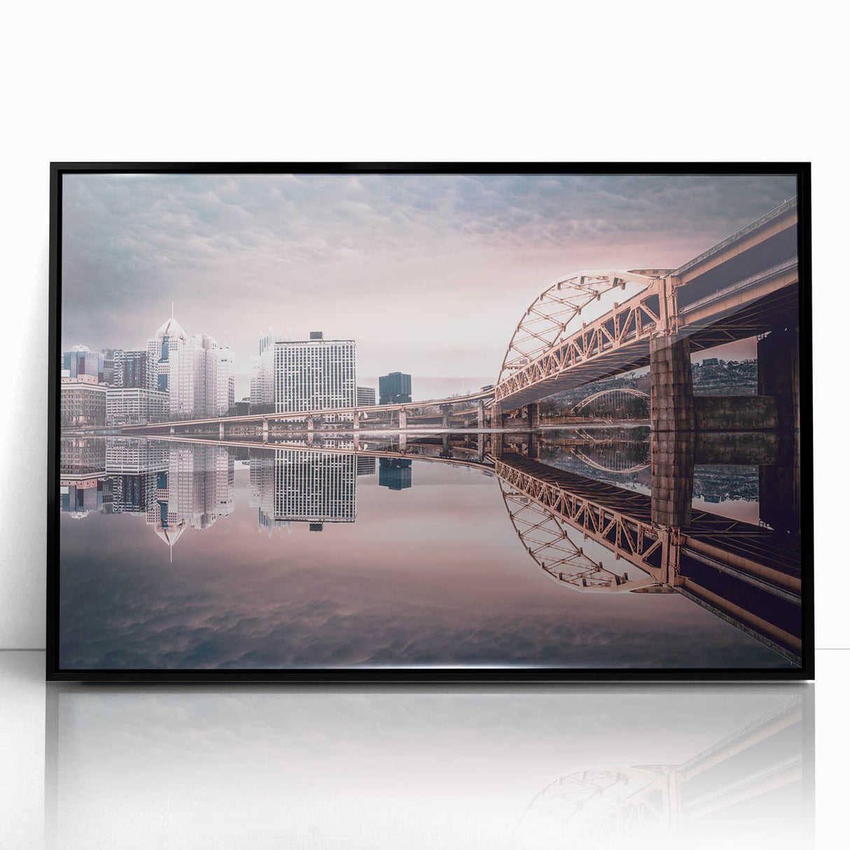 Large abstract wall art of Pittsburgh skyline in muted gray and blue tones on framed acrylic.