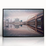 Large abstract wall art of Pittsburgh skyline in muted gray and blue tones on framed acrylic.