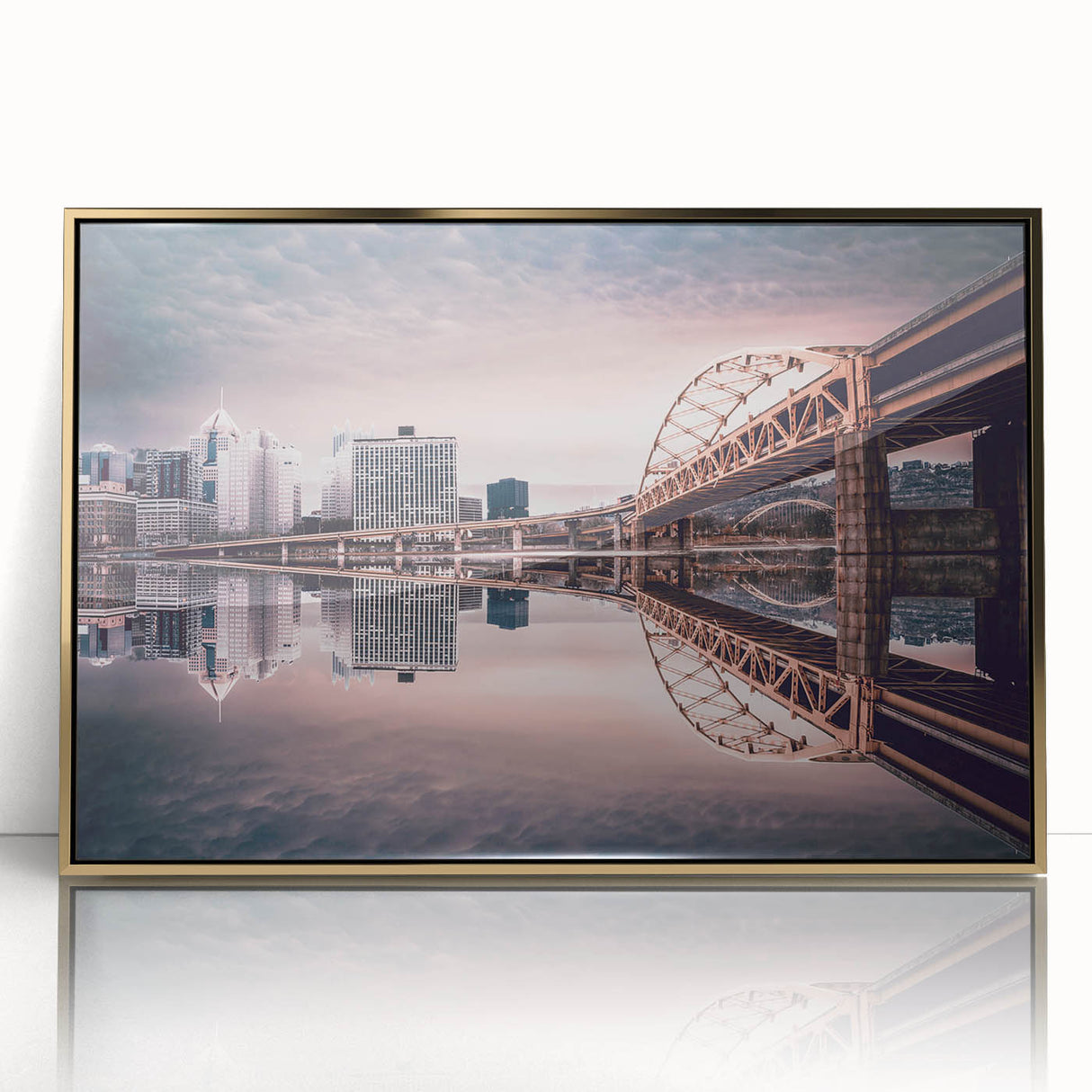 Mid-century modernist art of Pittsburgh skyline in muted gold tones on framed acrylic, suitable for modern art wall decor.